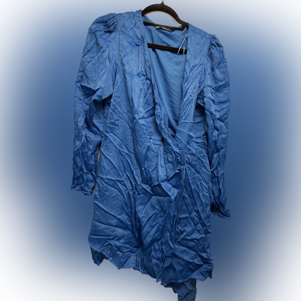 Satin blue wrap long sleeve dress